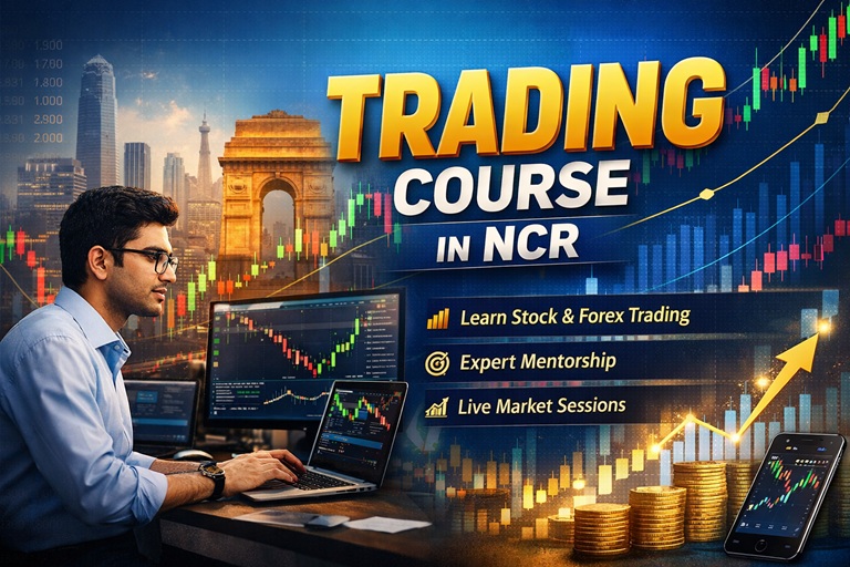 "Trading course in NCR banner with stock market charts, professional trader, and financial growth visuals."